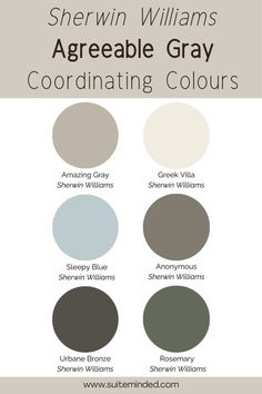 Agreeable Gray is an ideal colour to pair with soft whites (consider Greek Villa SW 7551 or Shoji White SW 7042), warm dark greys and darker greiges such as Anonymous SW 7046 or Urbane Bronze SW 7048, browns, blue-grey blends like Sleepy Blue SW 6225, muted greens, and blue-greens. 

Each of these coordinating colours can enhance the beauty of Agreeable Gray, allowing you to create a balanced and cohesive colour palette that suits your style. Grey Color Palette Kitchen Gray Cabinets, Coordinating Colors For Agreeable Gray, Greek Villa And Agreeable Gray, Colors With Agreeable Gray, Sw Agreeable Gray Color Scheme, Grey Palette Colour Schemes, Warm Gray Living Room, Urbane Bronze Color Palette