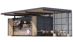 an outdoor bar with tables and chairs under a roof that is made out of shipping containers