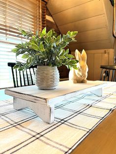 a potted plant sitting on top of a wooden table next to a white rabbit