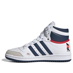 White High-top Adidas Basketball Shoes, Adidas White High-top Sneakers With Logo, Sporty White High-top Sneakers, Adidas White Basketball Shoes For Streetwear, Adidas White High-top Sneakers With Three Stripes, White Adidas Logo Mid-top Sneakers, White Adidas Mid-top Sneakers, White Adidas Logo High-top Sneakers, White Adidas High-top Sneakers