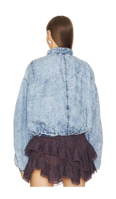 Find ISABEL MARANT ÉTOILE Plume Jacket on Editorialist. Isabel Marant Etoile Plume Jacket in Blue. - size 36/4 (also in 34/2, 38/6) Isabel Marant Etoile Plume Jacket in Blue. - size 36/4 (also in 34/2, 38/6) Self: 100% lyocell Lining: 100% cotton. Made in Tunisia. Dry clean recommended. Front zipper closure. Drawstring collar and hem. Snap button pockets. Elastic cuffs. Denim print cotton fabric. ISAR-WO124. VE0372FA-B3H01E. The standard-bearer for insouciant Parisian chicness, Isabel Marant lau Chic Blue Long Sleeve Denim Jacket, Chic Long Sleeve Blue Denim Jacket, Chic Blue Long Sleeve Cropped Jacket, Blue Long Sleeve Cropped Jacket For Spring, Chic Blue Cropped Long Sleeve Jacket, Fitted Long Sleeve Washed Blue Outerwear, Chambray Jacket, Denim Print, Long Sleeve Outerwear