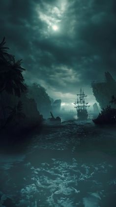 a pirate ship sailing in the ocean at night