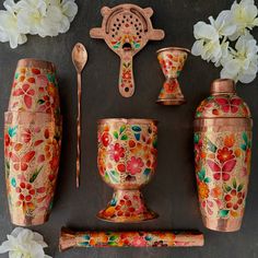 Mexican Handmade Copper 7-Piece Barware & Bar Tools Set- Sugar Skull Rose CoLores Decor | Mexican Artisan Decor Mexican Colors Kitchen, Clase Azul Bottle Decor, Mexican Style Plates, Mexican Bar Decor, Mexican Kitchen Decor Ideas Hacienda Style, Funky Home Bar, Mexican Bar Ideas, Mexican House Decor, Mexican Houses Interior