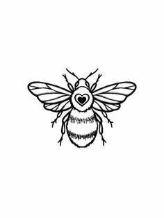 a black and white drawing of a bee with a heart on it's chest