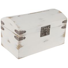 an old white wooden box with handles and latches on the lid is sitting in front of a white background