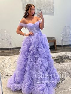 Off the Shoulder Lavender Tulle Ball Gown Layered Party Dress Sweetheart Neck Prom Dress ARD2911-SheerGirl Prom Dress With Ruffles, Tulle Balls, Tulle Sleeves, Long Prom Gowns, Tulle Ball Gown, Tulle Prom Dress, Zambia, Long Prom Dress, Formal Evening Dresses