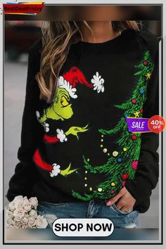 Women Christmas Grinch Tree Print Sweatshirt Womens Sweatshirts Fashion, Green Fur, Party Kleidung, Outfit Trends, Fleece Sweater, Long Sleeve Sweatshirt, Print Sweatshirt, Printed Sleeves, White Sweatshirt