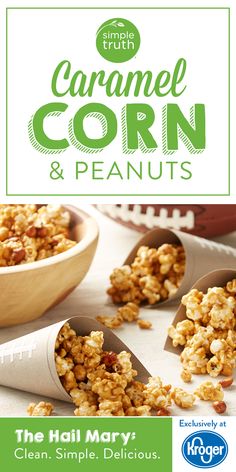 an advertisement for caramel corn and peanuts