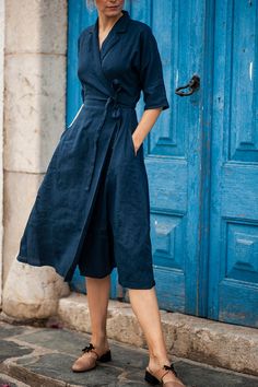 Buy Linen Dress ATHENA, Wrap Dress, Linen Dress With Collar, Midi Dress, Casual Linen Dress, Navy Blue Dress and other hoodie, sweatshirt, tank top, long 1940s Looks, Linen Wrap Dress, Dress With Collar, Tank Top Long, Buy Linen, Wrap Around Dress, Dress Linen, Navy Blue Dress, Dress Navy Blue