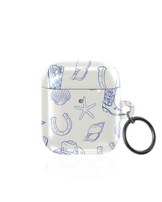 an apple airpods case with blue and white images on the front, featuring seashells