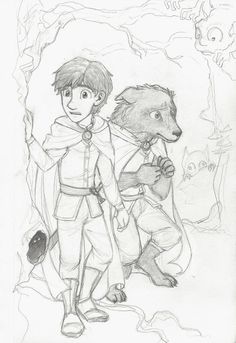 a pencil drawing of a boy and a bear