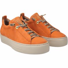 Paul Green. Us Sizes Listed Women's Faye Lace Up Platform Sneakers Suede Leather Color Orange Sole Color Is Off White. Brand New. Fits True To Size, Order Your Normal Size Lightly Padded Footbed For Added Comfort Lace Up Graphic Detailing At Upper 1.5" Heel Leather Upper And Lining, Latex Sole Made In Austria Please Note: When You Receive Your Shoes, The Us Size Ordered Will Be Printed On The Box. The Size Printed On The Shoe Itself Is Its Equivalent In Austrian Sizing, Which Is 2.5 Sizes Smalle Custom Low-top Suede Sneakers, Off White Brand, Hidden Wedge Sneakers, Paul Green Shoes, Suede Leather Shoes, Top Sneakers Women, Metallic Shoes, Green Sneakers, Walking Shoes Women