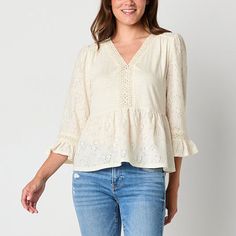 This Frye and Co. women's peplum top is an on-trend boho style to work into your transitional wardrobe. Crafted from a lightweight printed fabric with an embroidered broderie trim, 3/4 bell sleeves and a v-neckline, this pullover top is perfect to pair with pants or jeans. Closure Type: Pullover HeadFit: Regular FitNeckline: V NeckSleeve Length: 3/4 SleeveSleeve Style: Bell SleeveApparel Length: 24 InchesFiber Content: 94% Rayon, 6% SpandexCare: Machine Wash, Tumble DryMaterial: FabricBody Type: Womens Peplum Tops, Peplum Tops, Blouse White, Printed Fabric, Shop Blouses, Boho Style, Women Long Sleeve, Peplum Top, Bell Sleeves