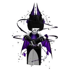 an image of a woman dressed in black and purple holding a bat with stars around her