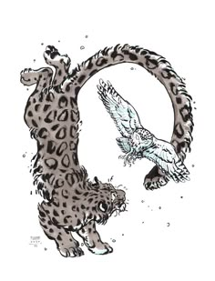 an ink drawing of a leopard and a bird in the shape of a letter o