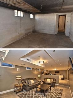 before and after photos of an unfinished basement