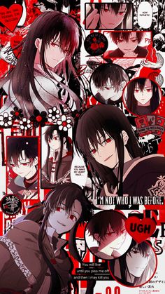 some anime characters with red eyes and black hair