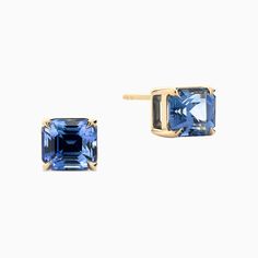 The Ecksand Asscher-Cut Blue Sapphire Stud Earrings shown with Sapphires 4x4 in 14k Yellow Gold Sapphire Stud Earrings, Blue Sapphire Studs, Sapphire Earrings Studs, Sapphire Studs, Asscher Cut, Recycled Gold, Blue Gemstones, Conflict Free Diamonds, Blue Sapphire