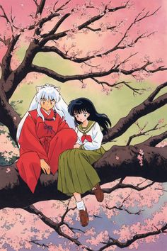 two anime characters sitting on a tree branch