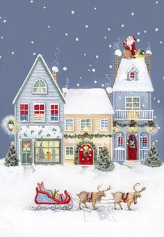 a christmas scene with santa's sleigh and reindeers in front of a house