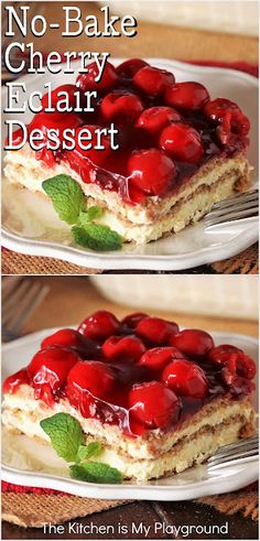 two plates with desserts on them and the words no bake cherry eclair dessert