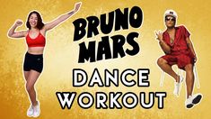 two women in red shirts and black shorts with the words, bruno mars dance workout