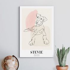 a drawing of a dog sitting on top of a table next to a potted plant