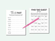 a pink pen sitting on top of a paper with the words, find the guest