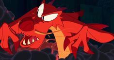 an animated red creature with its mouth open and eyes wide open in front of dark clouds