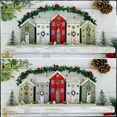 two shelves with christmas decorations on them, one is painted red and the other is green