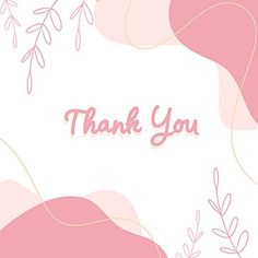 a pink and white thank you card with some leaves on it's back side