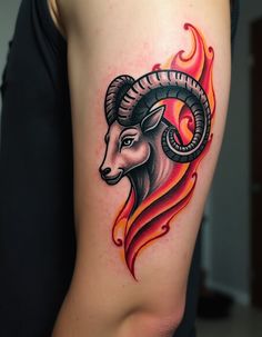 Ignite your passion with this fiery ram tribal tattoo design. Featuring sharp lines and vibrant red and orange hues, this Aries-inspired artwork symbolizes strength and courage. Perfect for the upper arm or back, the intricate patterns and dynamic shading blend traditional tribal elements with a contemporary twist. Embrace your bold side with this stunning Aries tattoo! 🐏🔥 #AriesTattoo #TribalDesign #FieryInk #ZodiacTattoo #StrengthAndCourage #TattooInspiration Aries Tattoo For Men, Signs Tattoo, Aries Ram Tattoo, Ram Tattoo, Aries Tattoo, Zodiac Sign Tattoos, Zodiac Tattoo, Orange Hues, Red And Orange