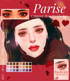 an image of a woman's face with hearts around her eyes and the words parise crimson rose eyeshades