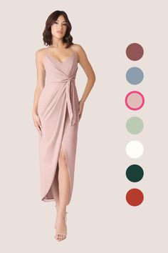 a woman in a pink dress standing next to different color swatches and the colors