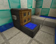 a minecraft bedroom with two beds and a table in the middle, all made up of blocks