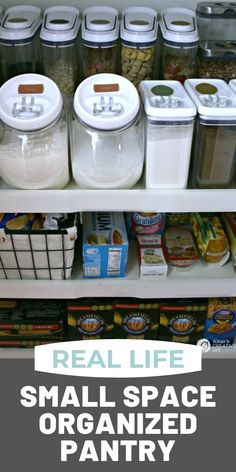 Cupboard of an organized pantry cupboard with storage containers filled with food. Small Space Pantry, Organizing Your Pantry, Organize Pantry, Small House Organization, Organize Your Pantry, Organization Garage, Outdoor Living Diy, Declutter Kitchen, Cleaning Supplies Organization