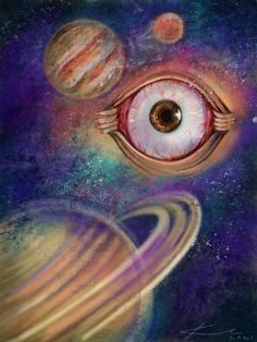 an eye with planets around it