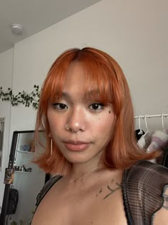 girl with ginger orange hair, aesthetic hairstyle Asian Orange Hair, Hair References Female, Short Copper Hair With Bangs, Short Ginger Bob, Ginger Hair Asian, Short Ginger Hair With Bangs, Short Hair Ginger, Ginger Hair Short, Copper Hair Short