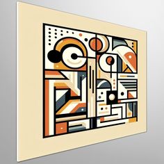 an abstract art piece hanging on the wall in front of a white background with orange, yellow and black shapes