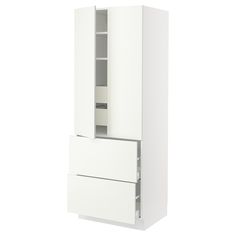 a tall white cabinet with two drawers