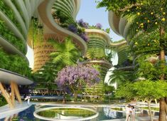 an artist's rendering of a futuristic city surrounded by trees