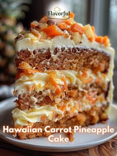 a close up of a piece of cake on a plate with the words hawaiian carrot pineapple cake