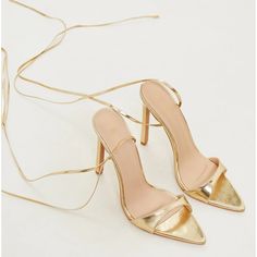 Heels Is New With Tags Sleek Gold Heels With Wrapped Heel, Gold Heels With Padded Heel For Date Night, Gold Block Heel For Date Night, Gold Block Heel Heels For Date Night, Gold Lace Up Heels, Gold Block Heel Sandals, Gold Sandals Heels, Gold Block Heels, Gold Strappy Heels