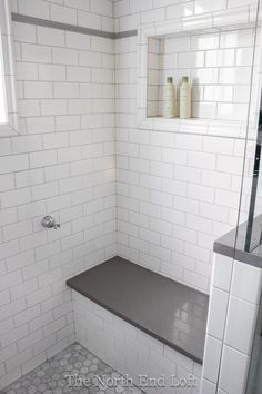 Restroom Ideas, Gray Grout, Tiled Bathroom, Subway Tile Showers, Shower Bench