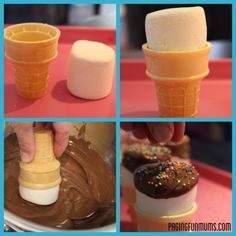 ice cream cones with chocolate and sprinkles on them are being used as desserts