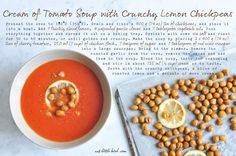 a bowl of tomato soup with chickpeas on the side and a recipe sheet