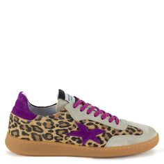 Leopard print is a huge trend this season and we are fully embracing the look with our Bitonto trainers. A classic, runner style trainer gets a Keith Scarrott twist with a body cut from leopard printed, smooth suede. The toe and lace surrounds are soft taupe suede, while contrasting purple suede creates the heel piece and star decoration. A slim, tan hued sole provides versatility and longevity, complimented by a cushioned insole for ultimate comfort. Finished with pinky, purple laces for a look that wows! Also available with black contrasting panels and a leopard print calf hair. See 'Bitonto Black'. Uppers - 100% Leather Lining - Leather and Textile Mix Sole - Rubber  Protect and nourish the leather with a neutral polish and a soft cloth. Wipe dirt off with a damp cloth.  For suede a neu Purple Trainers, Neutral Polish, Runner Style, Bespoke Shoes, Purple Suede, Purple Lace, Pearl Jewellery Earrings, Calf Hair, Tie Shoes