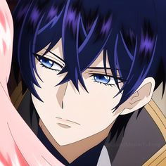 an anime character with blue eyes and black hair looking at the camera while holding his arm over his shoulder