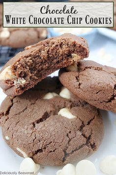 chocolate white chocolate chip cookies stacked on top of each other with the title above it