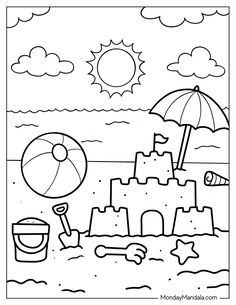 a coloring page with sand castle and umbrella